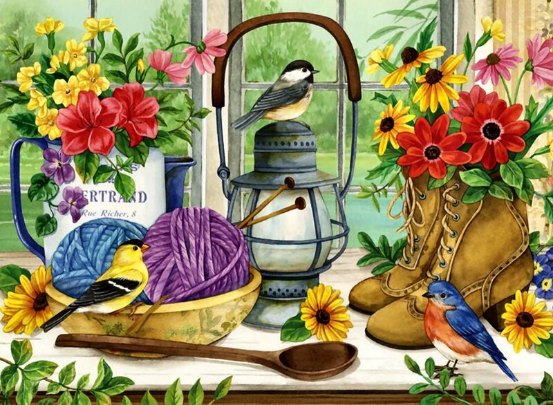 Birds and Flowers on Windowsill