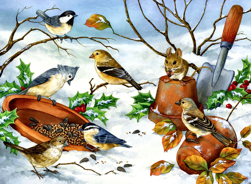 Birds and Mouse in Snow