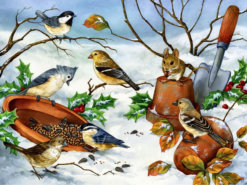 Birds and Mouse in Snow — White