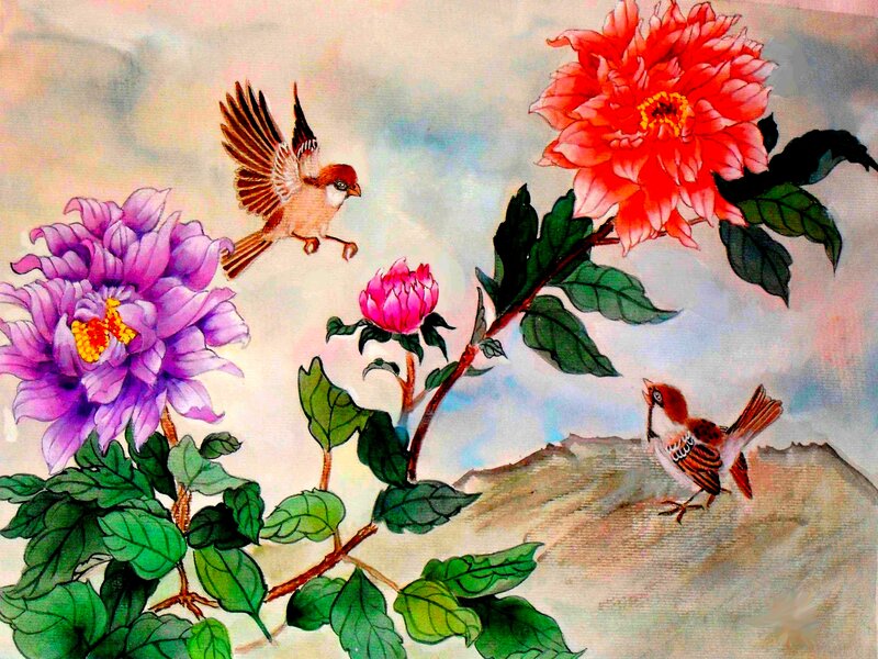 Birds and Peonies