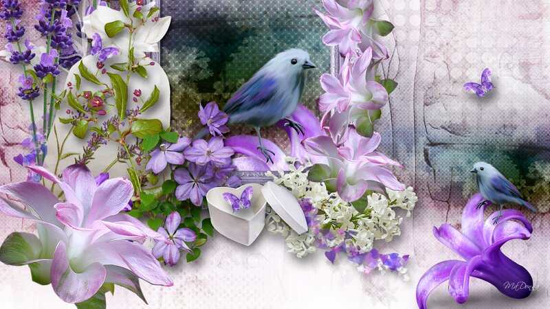 Birds and Purple Flowers