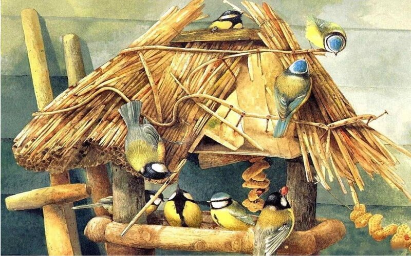 Birds at a Bird Feeder — Yellow