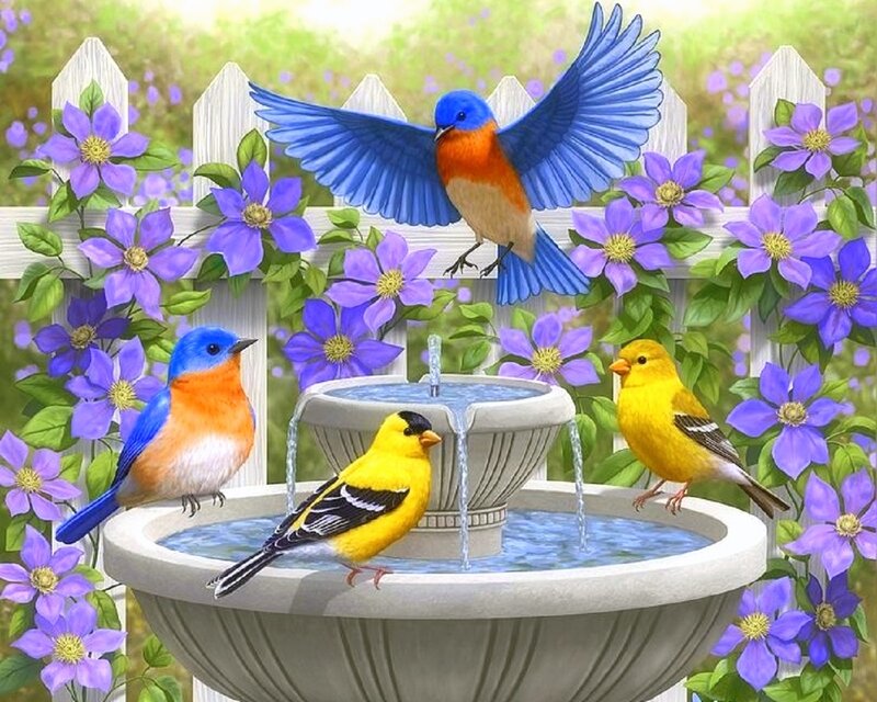 Birds at a Birdbath — Blue, Serene