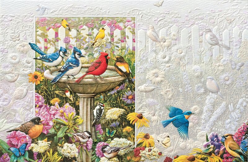 Birds at a Birdbath — Blue