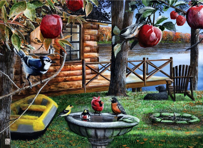 Birds at a Birdbath — Green, Serene, Autumn