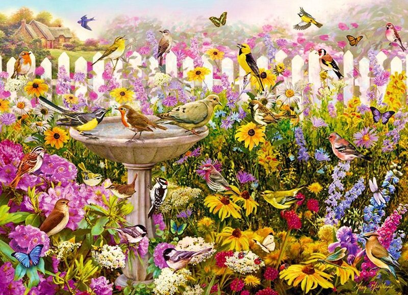 Birds at a Birdbath — Yellow, Serene