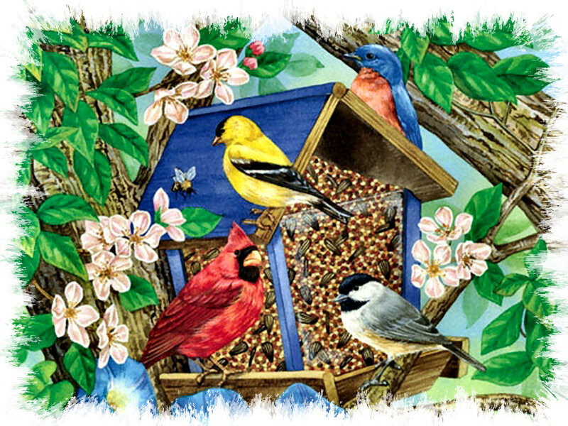 Birds at a Feeder — Blue