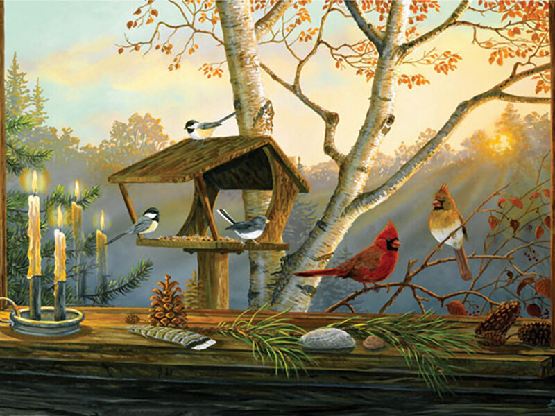 Birds at a Feeder — Brown
