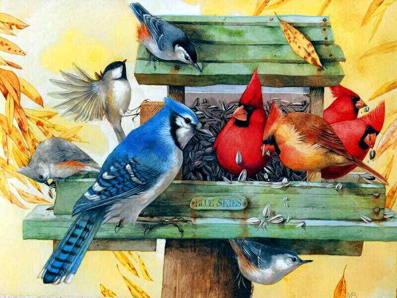 Birds at a Feeder — Green, Calm, Autumn