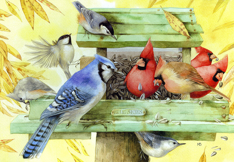 Birds at a Feeder — Green, Calm