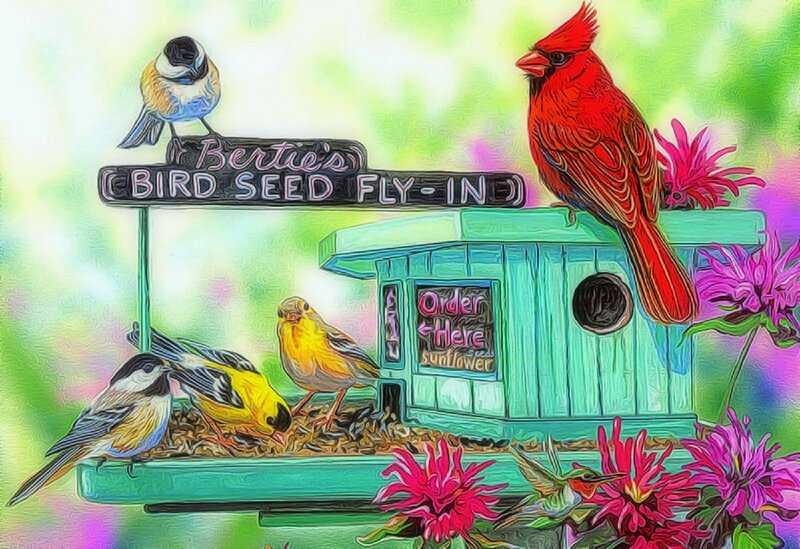 Birds at a Feeder — Green, Colorful