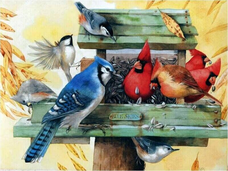 Birds at a Feeder — Green