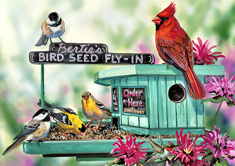 Birds at Bird Feeder — Green, Cheerful
