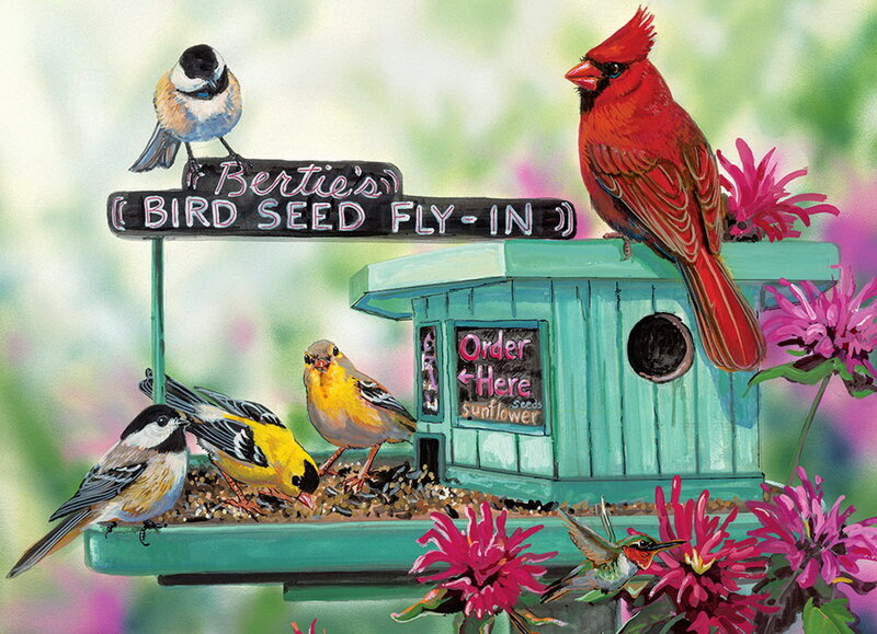 Birds at Bird Feeder — Green, Colorful