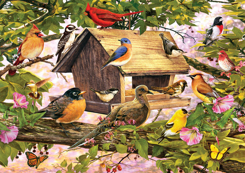 Birds at Bird Feeder — Green, Serene, Spring, Illustration