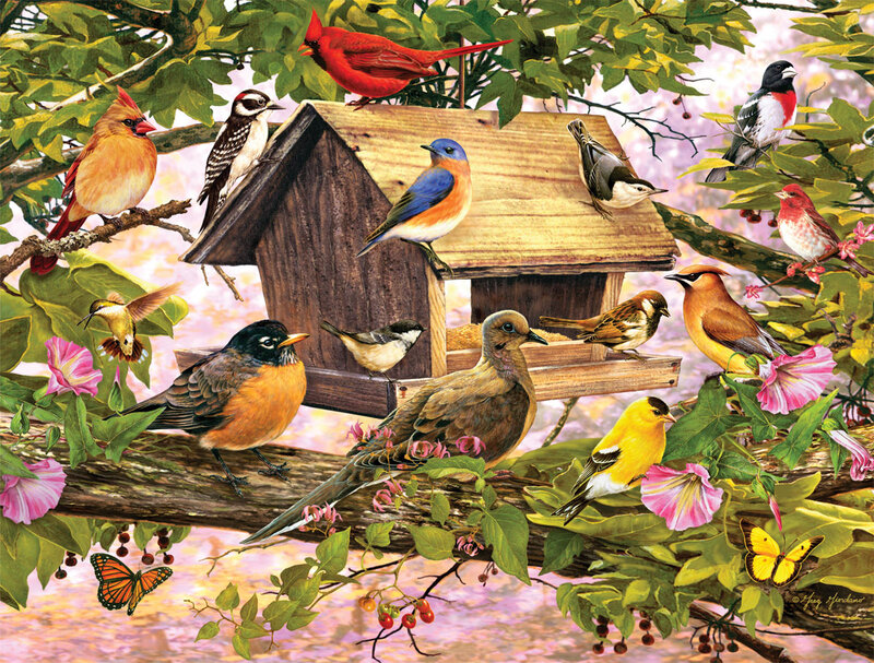 Birds at Bird Feeder — Green, Serene