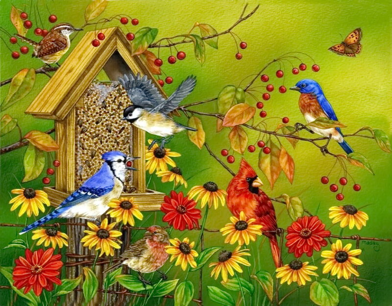 Birds at Bird Feeder — Green, Vibrant