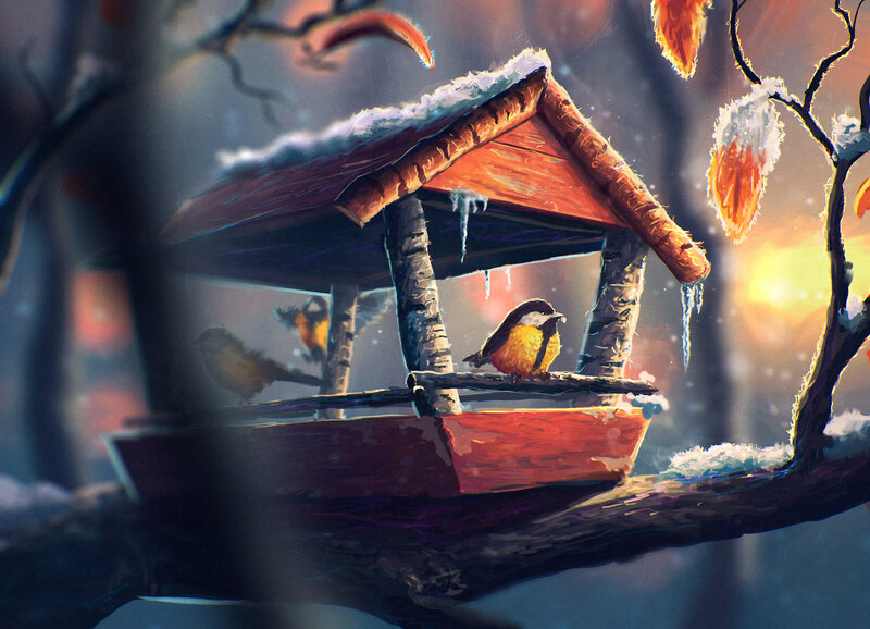 Birds at Bird Feeder — Orange