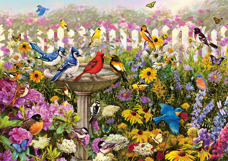 Birds at Birdbath in Garden