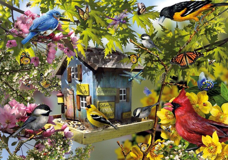 Birds at Birdhouse — Blue