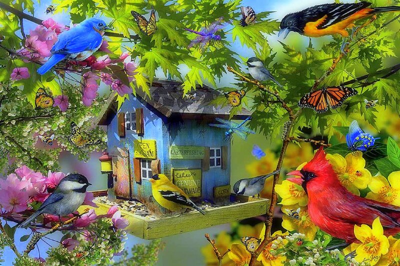 Birds at Birdhouse — Blue, Vibrant, Spring, Digital Art