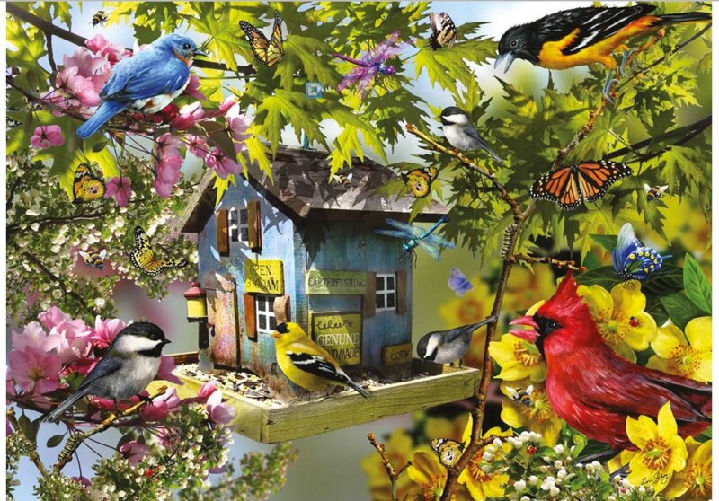 Birds at Birdhouse — Blue, Vibrant, Spring, Illustration