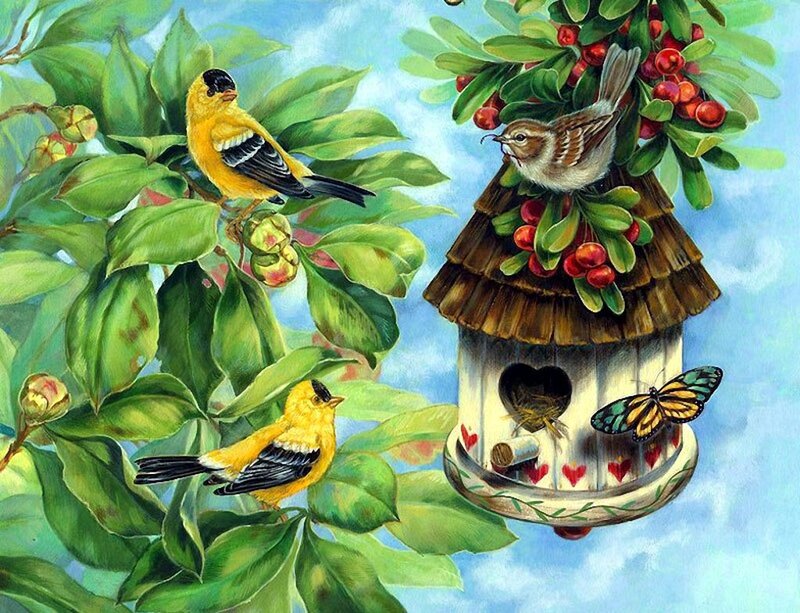 Birds at Birdhouse — Green, Serene, Spring