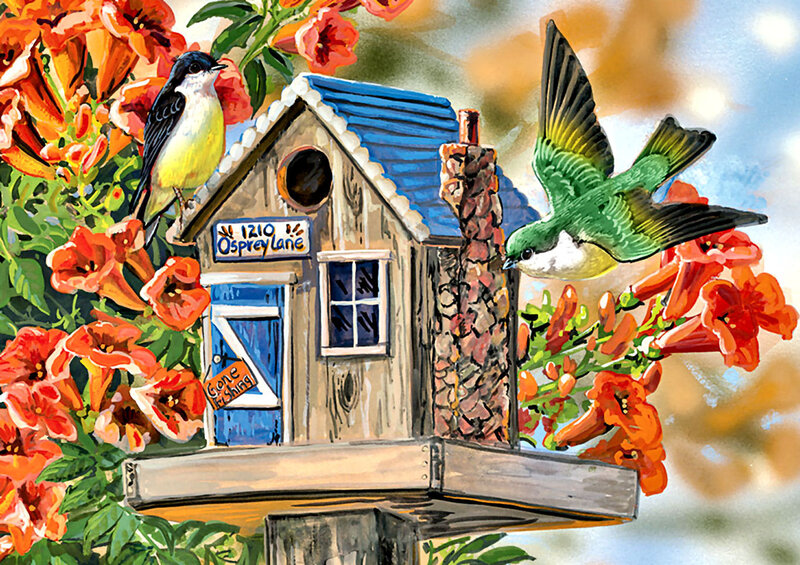 Birds at Birdhouse — Orange