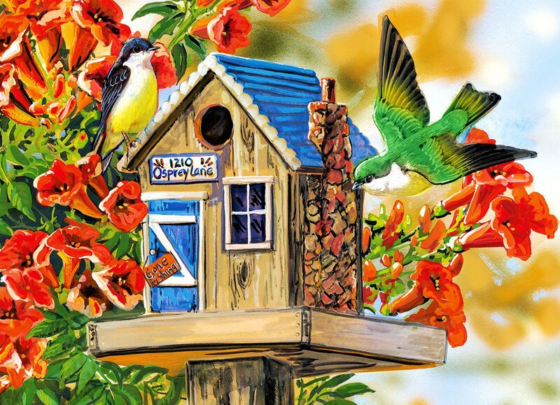 Birds at Birdhouse — Red, Vibrant