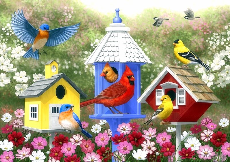 Birds at Birdhouses — Blue, Serene