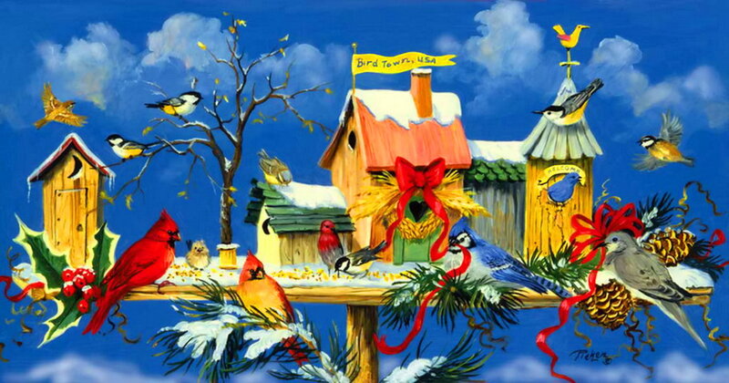 Birds at Birdhouses — Blue