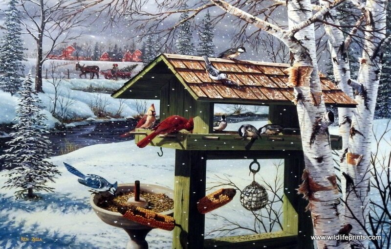 Birds at Feeder in Winter