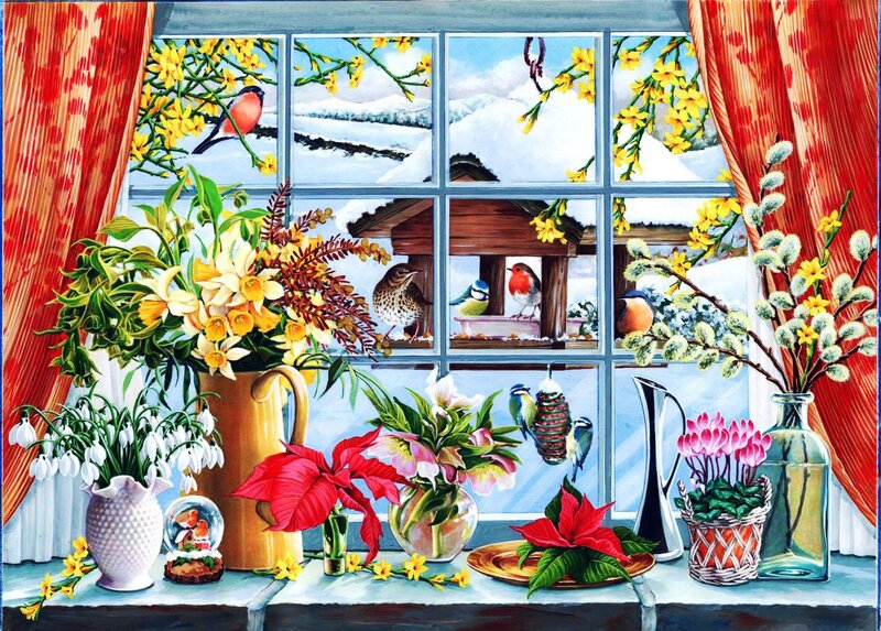 Birds at Window with Flowers