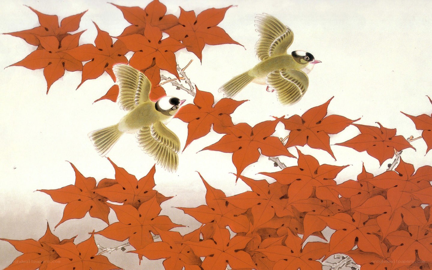 Birds Flying Among Maple Leaves