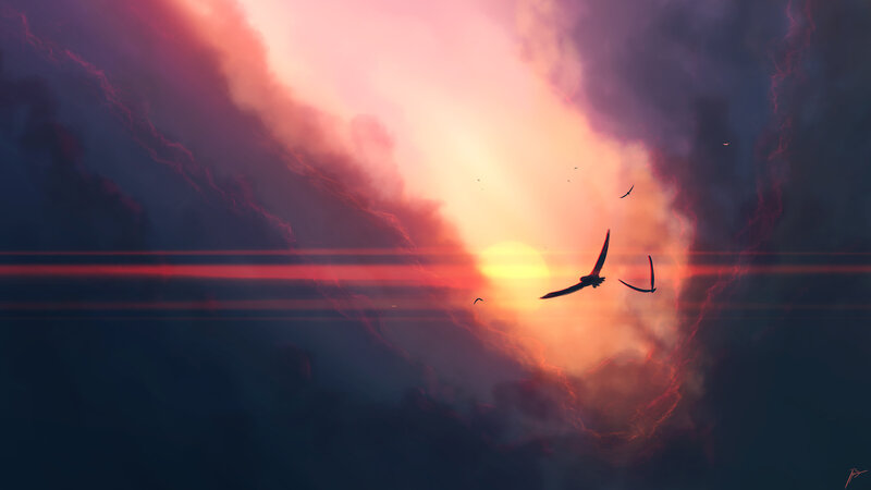 Birds Flying at Sunset — Orange, Dramatic, Digital Art, Sun