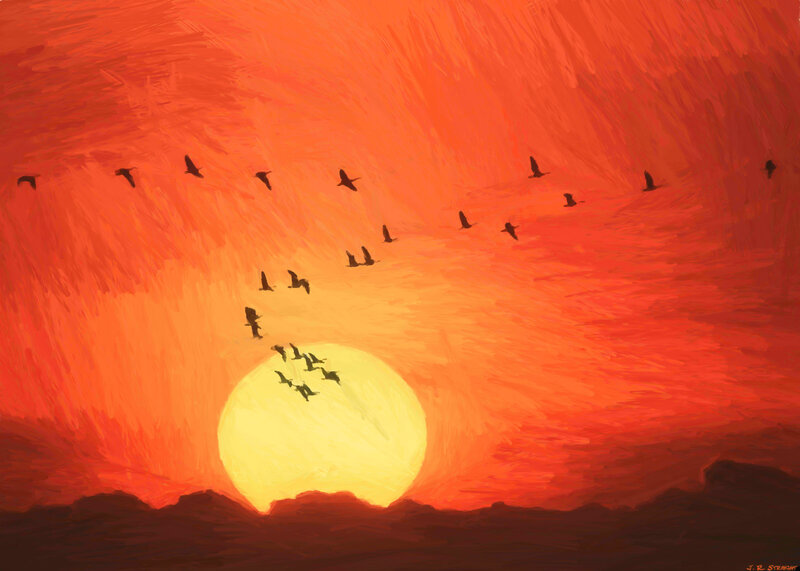Birds Flying at Sunset — Red, Dramatic, Painting