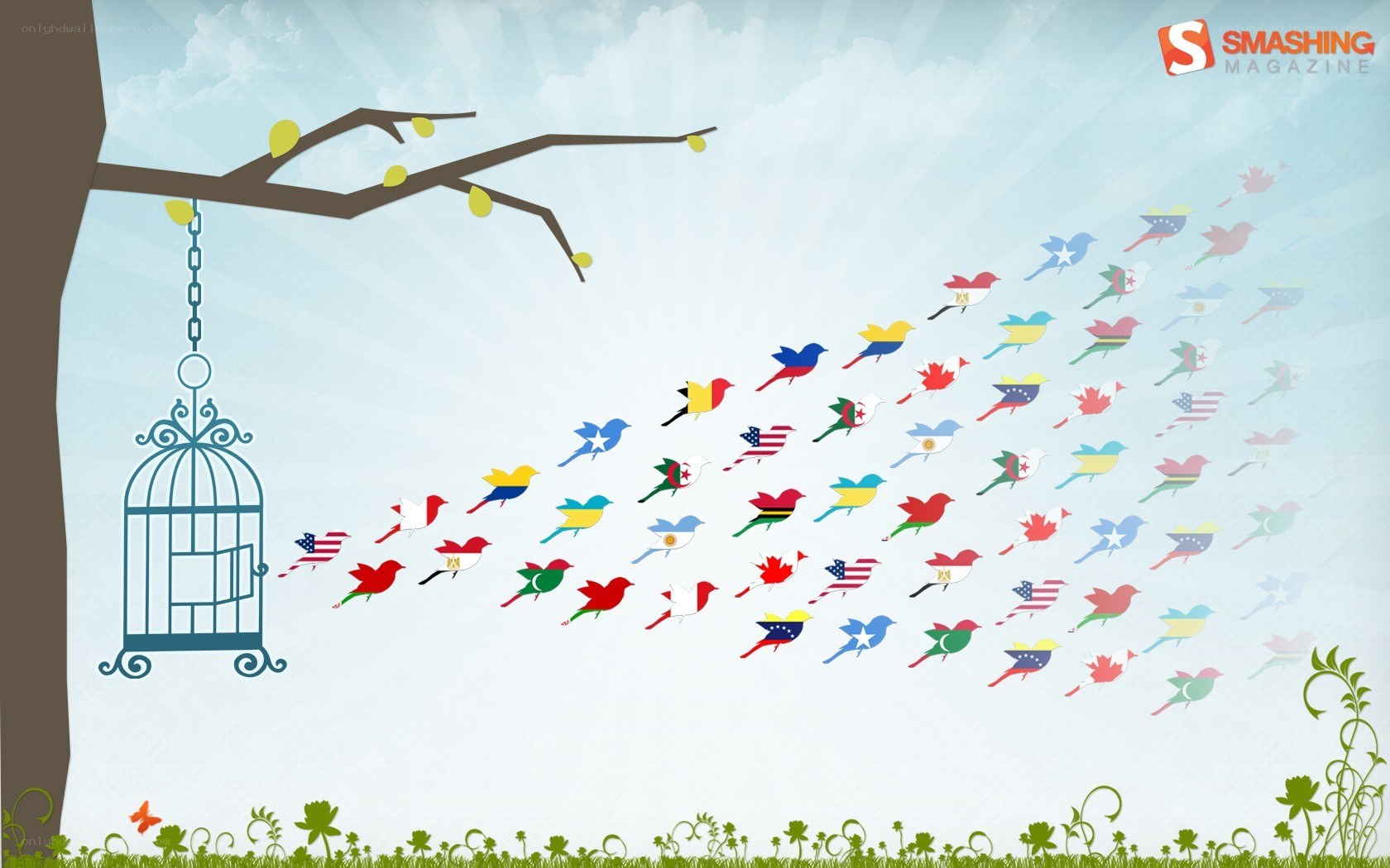 Birds flying from a cage