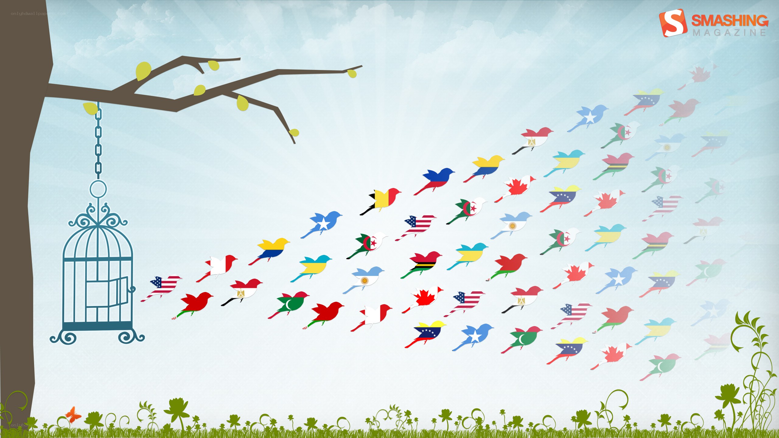 Birds flying from a cage