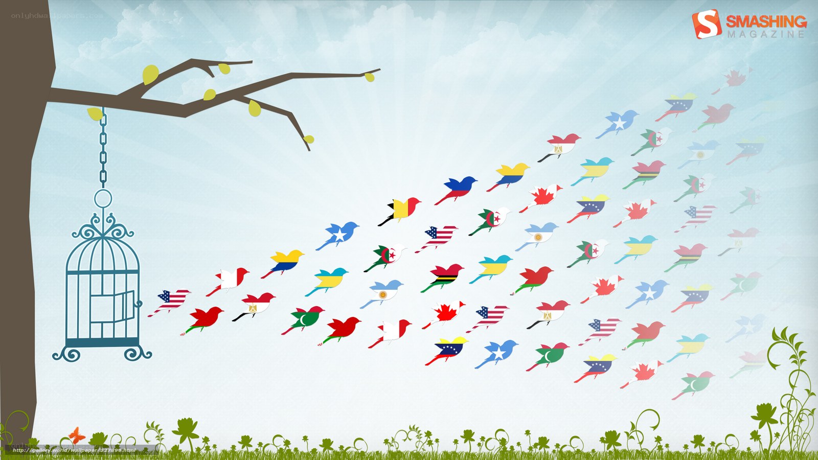 Birds flying from a cage