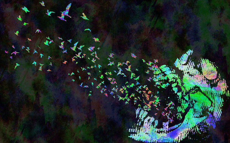 Birds flying from a skull