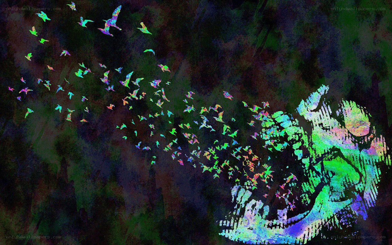 Birds flying from a skull