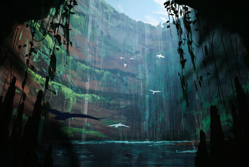 Birds Flying in Cave