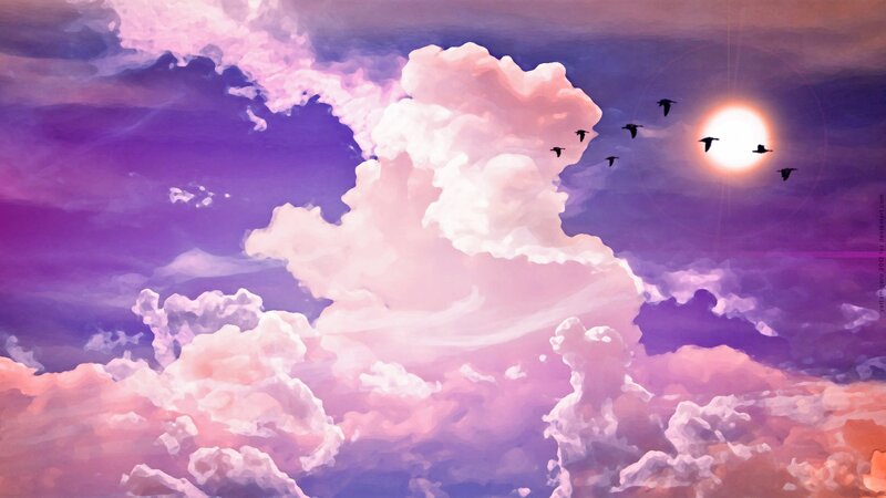 Birds Flying in Sky — Purple, Serene, Sunset