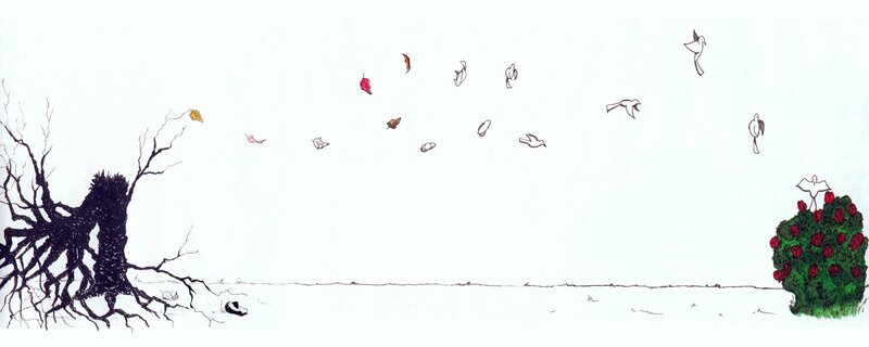 Birds flying over a barren landscape