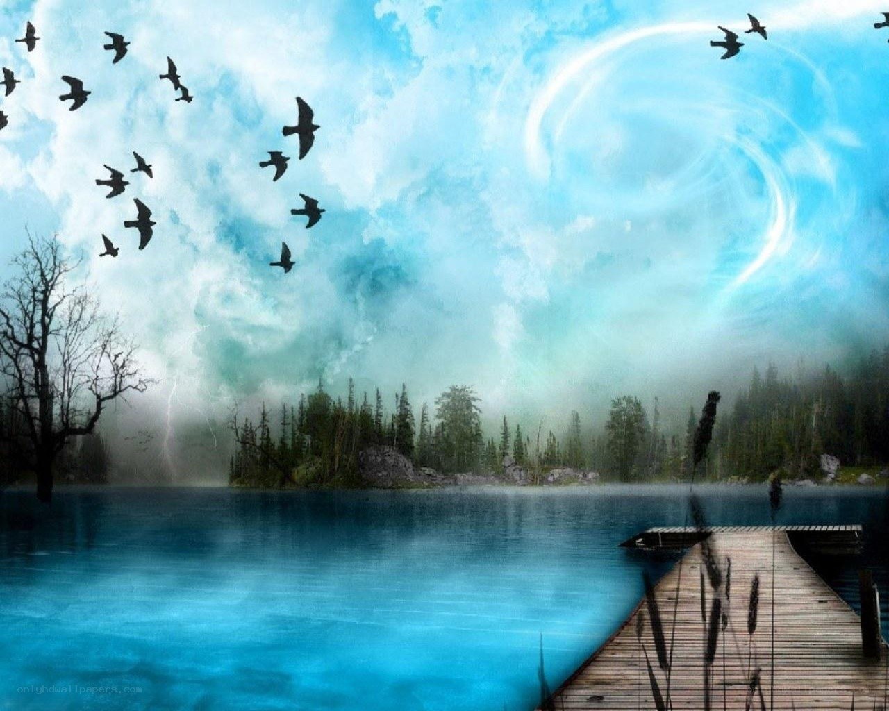 Birds flying over a lake