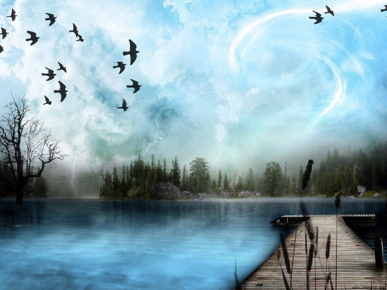Birds flying over a lake