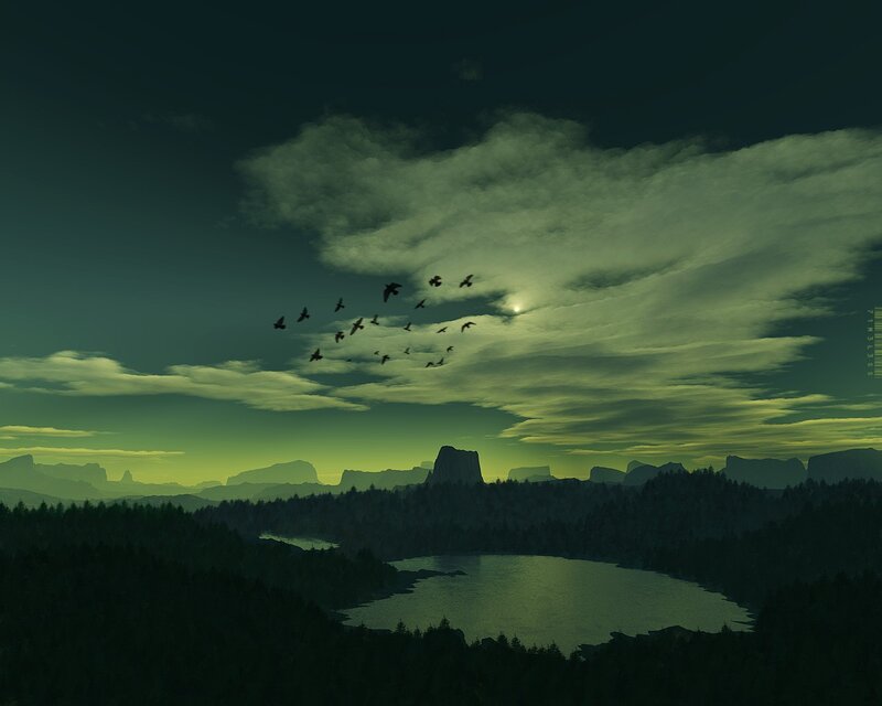 Birds flying over a lake at dusk