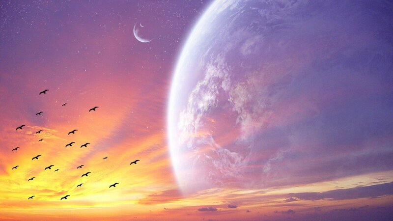 Birds flying over alien planet