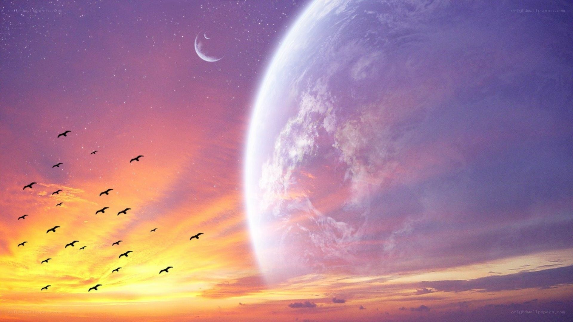 Birds flying over alien planet