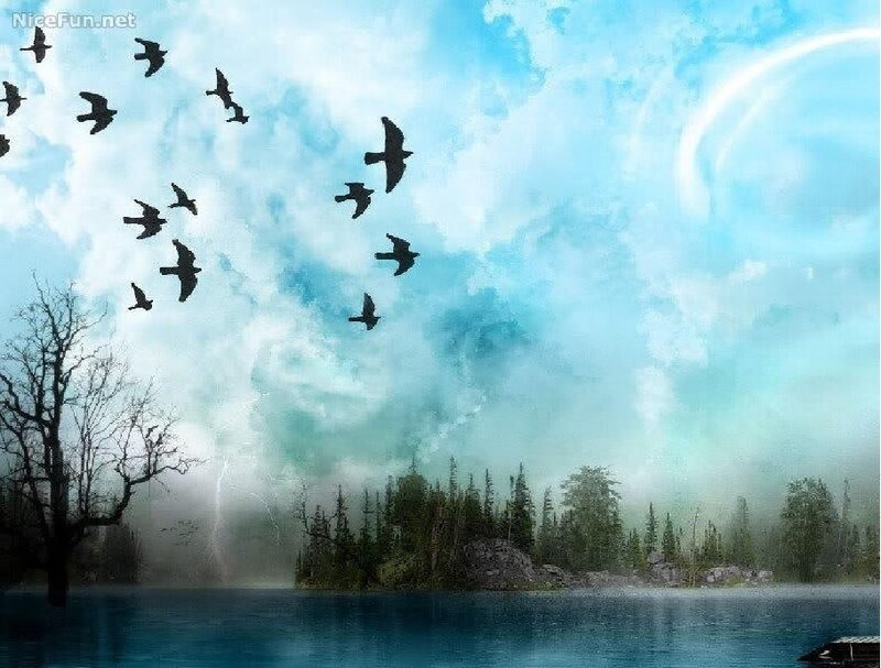 Birds Flying over Lake — Blue, Serene, Digital Art